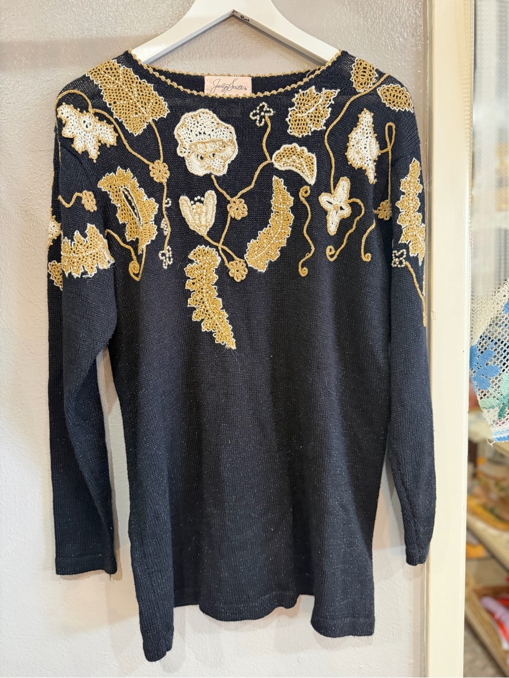 Jaclyn Smith Black Sweater Top with Gold Floral Appliqué